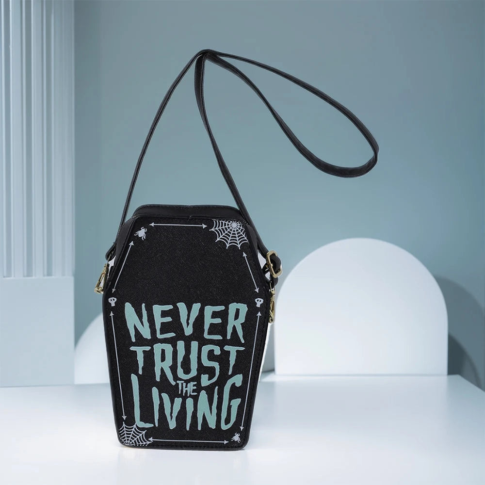 Gothic Shoulder Bag Women PU Leather Coffin Shape Handbag Adjustable Strap Hobo Bag Phone Bag for Halloween Cosplay Good Vibrations