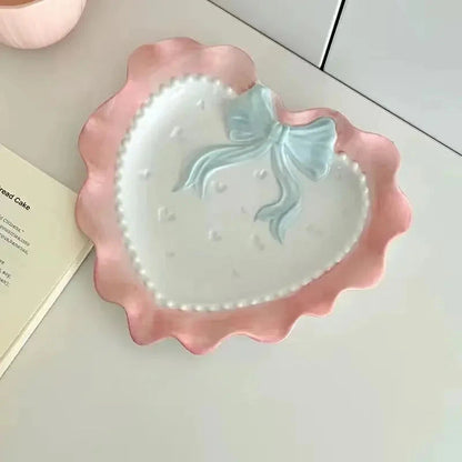 INS Wind Bowl Plate Cute Wave Edge Bow Knot Love Wave Dot Ceramic Lace Tableware Girl Heart Home Rice Bowl Plate Dessert Plate Good Vibrations