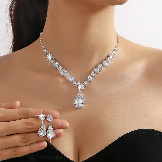 2pcs/set Jewelry Sets Women Elegant Waterdrop Rhinestone Pendant Necklace stud Earrings Wedding Dress Bridal Jewelry Set Good Vibrations