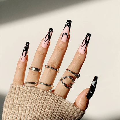 24Pcs/Set Long Ballet Fake Nail Art Halloween Pumpkin Head Artificial Acrylic Wearable Square Head Fake Nails Press on Nail Tips Good Vibrations