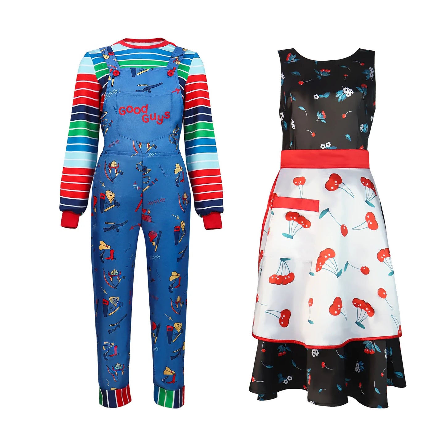 Halloween Costumes for Women Men Cosplay Scary Wanna Play Movie Character Bodysuit Tops Chucky Doll Dress Costume 2pcs Set New Good Vibrations