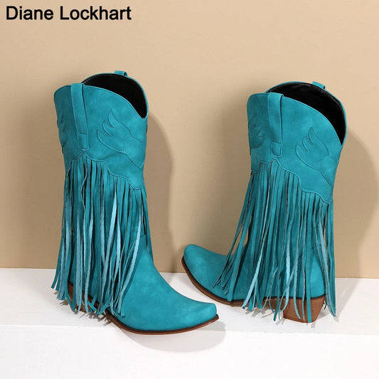 Women Mid-calf Cowboy Boots Retro Leather Tassel High Western Botas Winter Pointed Chunky Heels Booties Fashion Ladies Shoes Good Vibrations