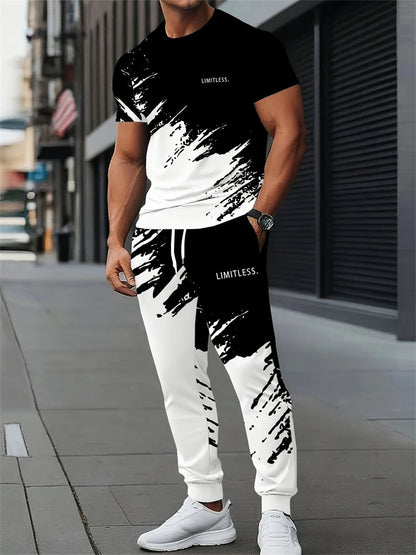 Men's Spring/Fall Two-Piece Set Crew Neck Short Sleeve Top With Relaxed Fit Casual Pants Outdoor Streetwear Minimalist Style Set Good Vibrations
