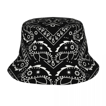 Black Paisley Pattern Bandana Print Bucket Hats Women Men Unisex Trendy Summer Fisherman's Hat Good Vibrations