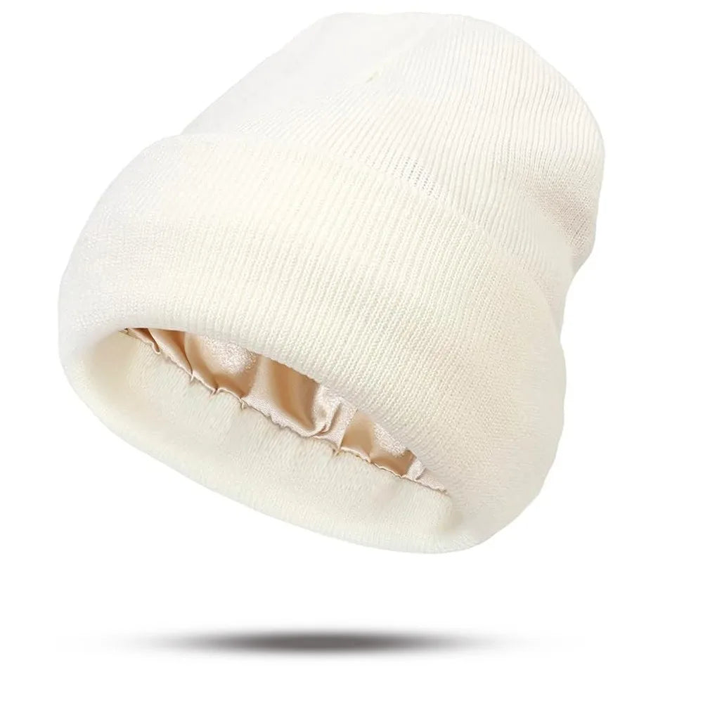 Women's Hats for Autumn&Winter-Comfortable Stylish Versatile Warm-Keeping Hairstyle-Protecting Knitted Satin Woolen Hats Good Vibrations