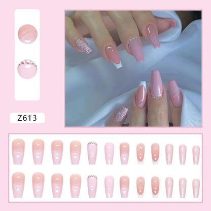 24Pcs Brown Long Coffin False Nails Glitter Ballet Wearable with French Design Fake nails Full Press on Nail Ins Nail Tips Art Good Vibrations