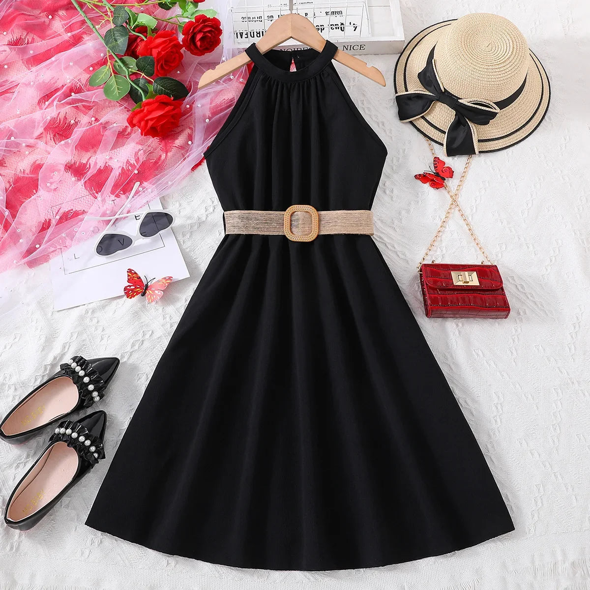 Prowow Girls Party Dresses Sleeveless Belted Halter Neck Hem Dress Holiday Beach Children's Clothing Teenagers Dress For Girls Good Vibrations