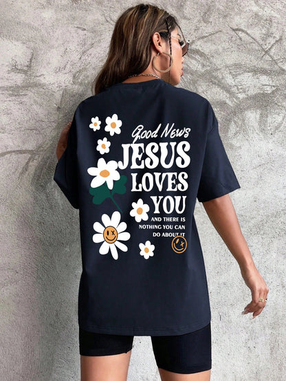 Good News Jesus Loves You Print Women T-Shirt Summer O-Neck T Shirts Basic All-Match Short Sleeve Breathable Comfortable Tops Good Vibrations