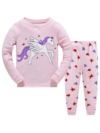 2pcs Girls Casual Cartoon Unicorn Print Crew Neck Pink Cotton Pajama Sets Good Vibrations
