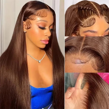 Chocolate Brown Straight Human Hair Wig 46 Inches 13x6 Transparent HD Lace Frontal Pre Plucked Natural Hairline Wig For Women Good Vibrations