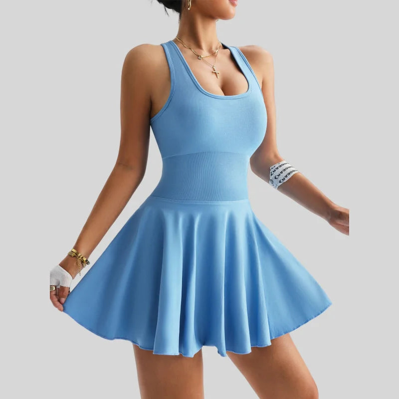 LEOSOXS Workout Tennis Dress with Built in Shorts Square Neck Padded Dress with Pockets Golf Gym Yoga Run Athletic Mini Dresses Good Vibrations