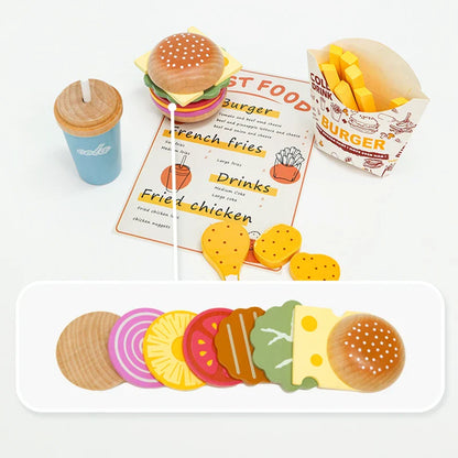 Wooden Play Food Toy Pretend Play Kitchen Accessories Fast Food Hamburger Set Early Educational Montessori Toys For Kids Gifts Good Vibrations