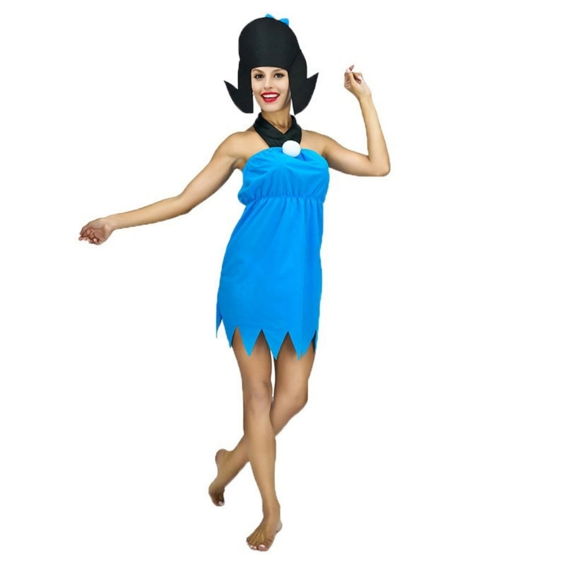 Women Blue Halter Sleeveless Dress for Betty Rubble Costume with Wig Headdress Adult Fred Flintstone Costume Good Vibrations