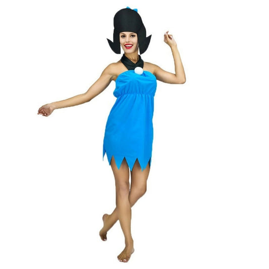Women Blue Halter Sleeveless Dress for Betty Rubble Costume with Wig Headdress Adult Fred Flintstone Costume Good Vibrations