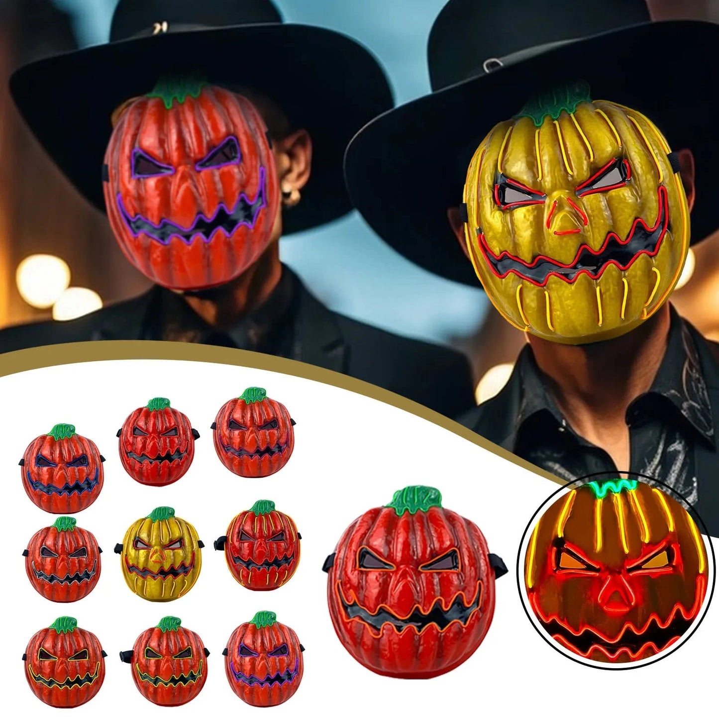 Creative Halloween Masks With Luminous LED Gloiwng  Pumpkin Head Horror Mask Ghost Full Face Mask Party Decoration Props Good Vibrations