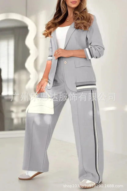 Women Suit Jacket 2 Piece Sets Striped Blazer Coat Turn Down Collar Single Breasted Wide Leg Pants Ensemble Office Lady Outfits Good Vibrations