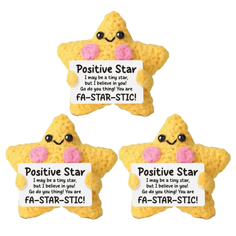Cute Handwoven Positive Energy Star Ornaments Pocket Hug Crochet Doll Mini Handmade Knitted Plush Home Room Decor Party Gift Good Vibrations