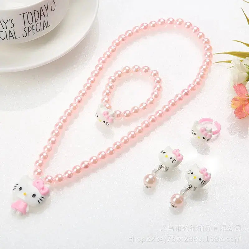 4pcs/set Cartoon Kawaii Necklace Hairclips Ring Set Toy Kids Hairpins Girl Heart Accessories Birthday Gifts Good Vibrations