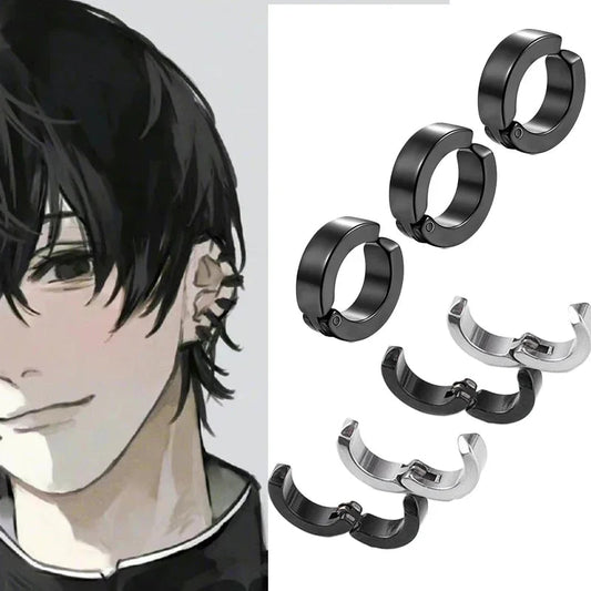 2pcs Anime Chainsaw Man Yoshida Hirofumi Cosplay Ear Clip Earrings Women Men Punk Black No Pierced Fake Ear Circle Pop Jewelry Good Vibrations