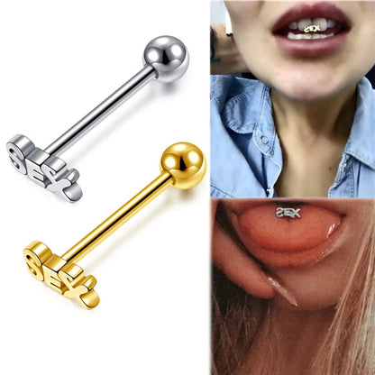 WKOUD 16G Tongue Percing Labret Bar Lip Ring Stainless Steel Sex Blasting Leveraged Tongue Rings Sexy Body Piercing Jewelry Good Vibrations