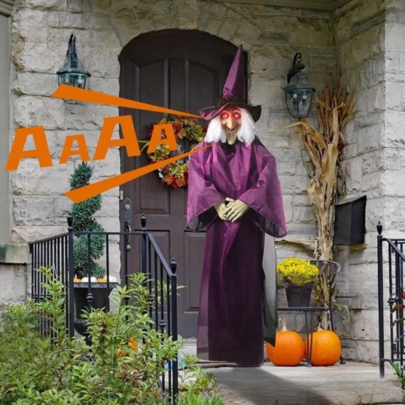 Halloween Hanging Witch Decor Skeleton with Sound Glowing Red Eyes Scary Talking Witch Halloween Decorations Haunted House Props Good Vibrations