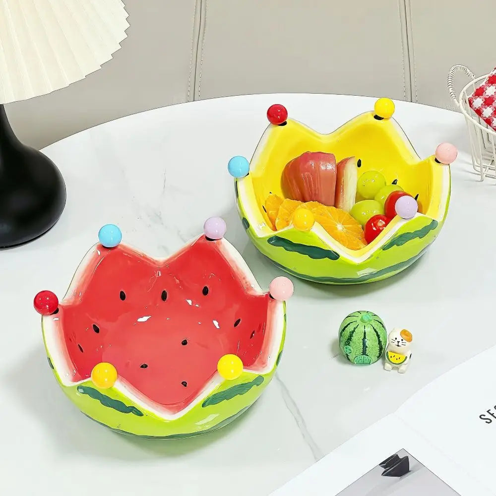 Ceramic Watermelon Shape Fruit Plate Cute Large Capacity Fruit Fork Dish with Forks Dessert Salad Bowl Cake Good Vibrations