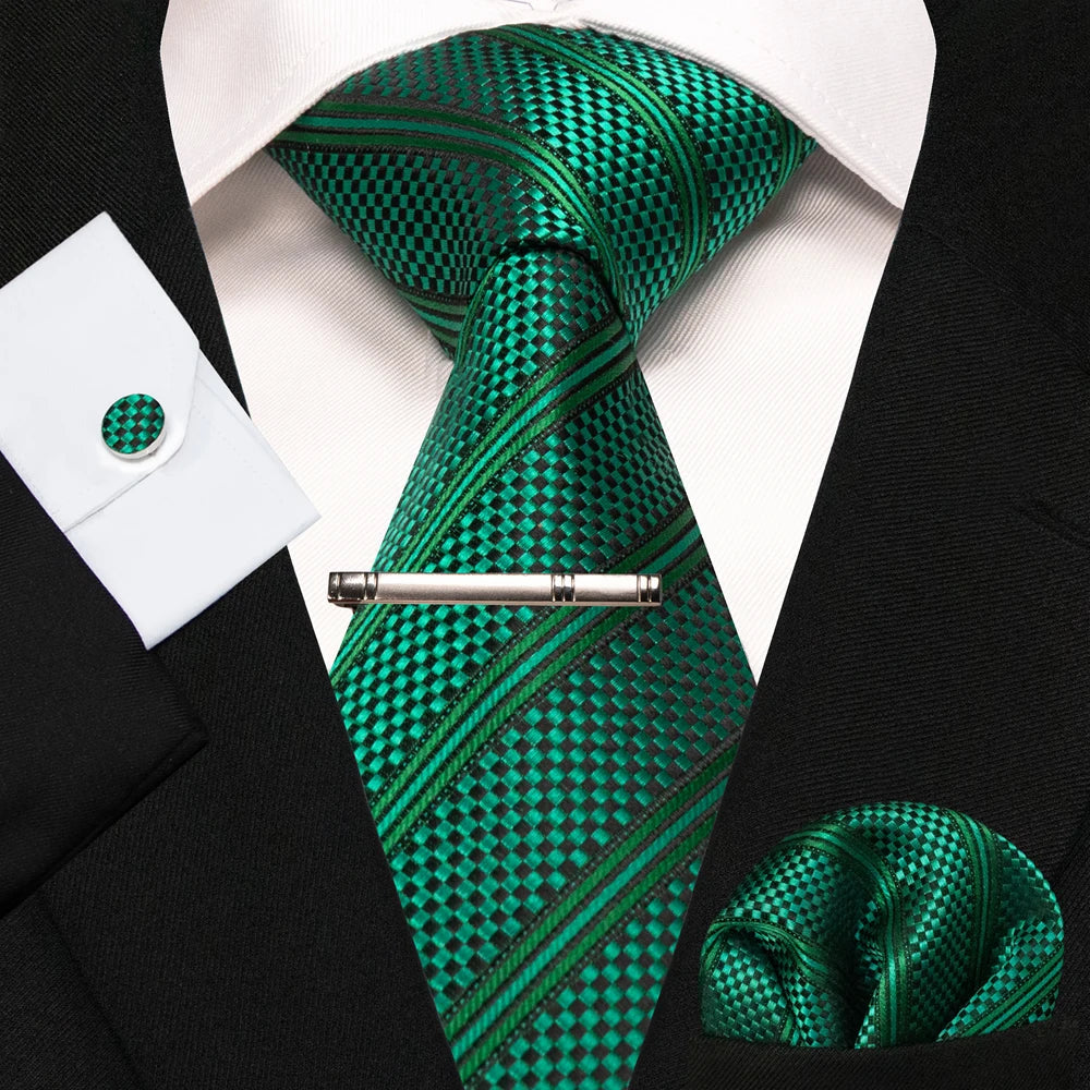 8cm Silk Mens Ties Green Black Ties plaid stripe NeckTie Pocket Square Cufflinks Tie clips Set Men's Wedding business Party Tie Good Vibrations