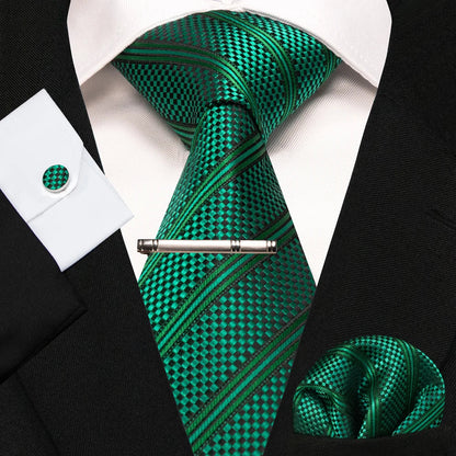 8cm Silk Mens Ties Green Black Ties plaid stripe NeckTie Pocket Square Cufflinks Tie clips Set Men's Wedding business Party Tie Good Vibrations