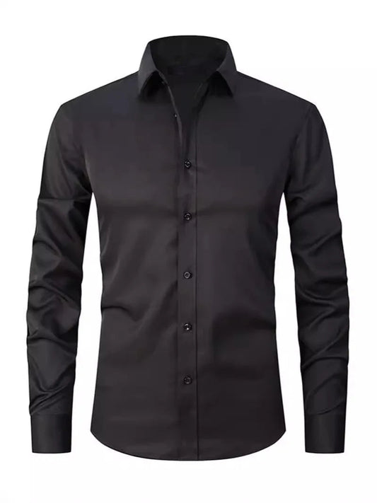 Men's formal shirt, summer long-sleeved, thin, business casual, breathable, no-iron, slimming, solid black color Good Vibrations