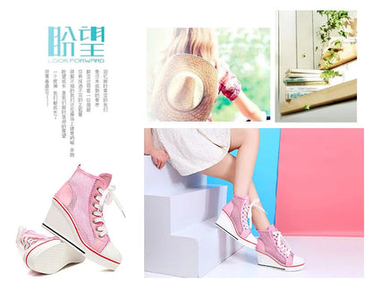 2025  Wedge Heel 8cm Height Increasing Net Shoes Thick Bottom Sandals Women's Casual Lace-up Shoes High-top Hollow Women's Shoes Good Vibrations