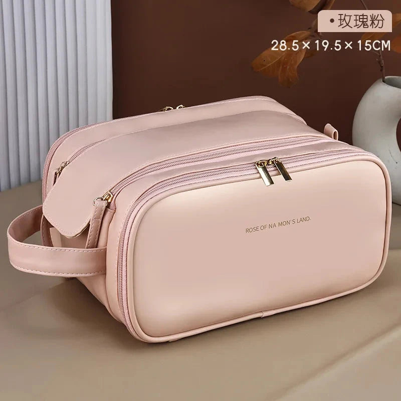 Multifunctional Makeup Bag For Women PU Leather Large Capacity Portable Double Zipper Travel Makeup Brush Toiletries Storage Bag Good Vibrations