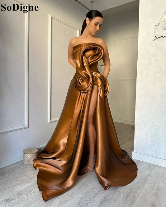SoDigne Elegant Brown Evening Dresses A-Line Draped High Split Ruffles Strapless Long Party Dress Modern Prom Gowns Customized Good Vibrations