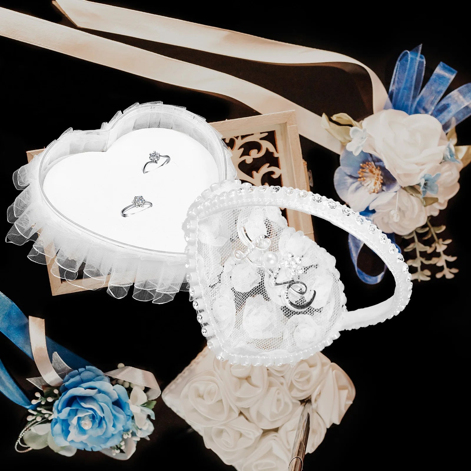 Mini Lace Ring Box Satin Wedding Ring Pillows With Handle Heart Shape Ceremony Bridal Party Supplies Festive Decorations Good Vibrations
