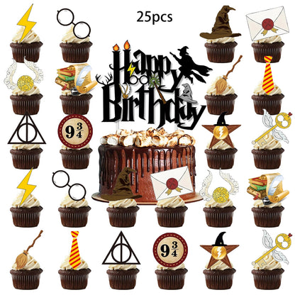 25pcs Harry Potter Cake Topper、Cupcake Toppers, Harry Potter Birthday Decorations，Harry Potter Theme Party Supplies Good Vibrations