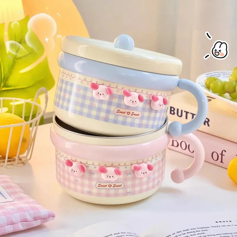 Cute Stainless Steel Ramen Bowl With Lid Kawaii Large Instant Noodles Fruit Salad Rice Soup Bowl Kitchen Tableware Women Gift Good Vibrations