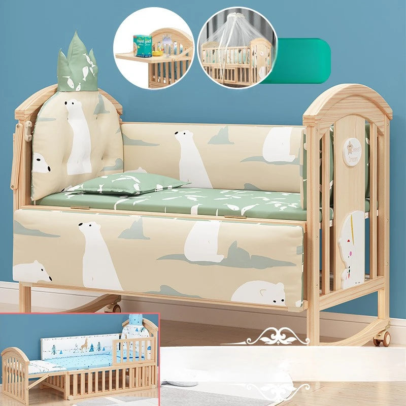 Comfortable Baby Bed,Solid Wood,Movable,with Diaper Changing Table and Mosquito Net,Multifunctional Baby Bed, Adjustable Height Good Vibrations