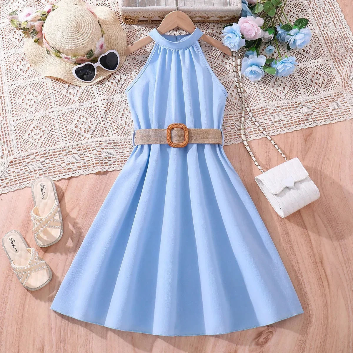 Prowow Girls Party Dresses Sleeveless Belted Halter Neck Hem Dress Holiday Beach Children's Clothing Teenagers Dress For Girls Good Vibrations