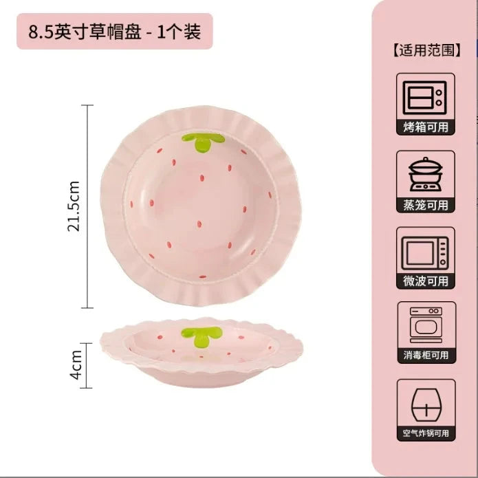 Cute Strawberry Ceramic Bowl Set For Home Use High Aesthetic Instant Noodles Salad Dessert Dining Tableware Kitchen Supplies Good Vibrations