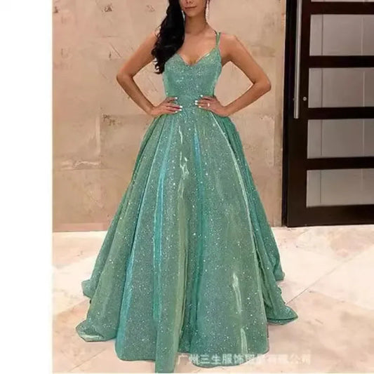Sexy Strap V Neck Halter Glossy Guest Graduation Celebrity Evening Floor Length Dress Elegant Luxurious Women Corset Party Dress Good Vibrations