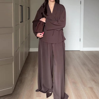 Women's Casual Party Outfit Vintage Solid Loose Autumn Suit New 2026 Elegant V Neck Long Sleeved Top & Wide Leg Pants Two Piece Good Vibrations