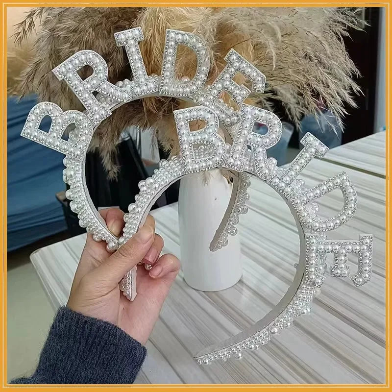 Bride to be Pearl crown Headband Bach Bachelorette hen Party Bridal Shower wedding engagement rehearsal dinner Decoration Gift Good Vibrations