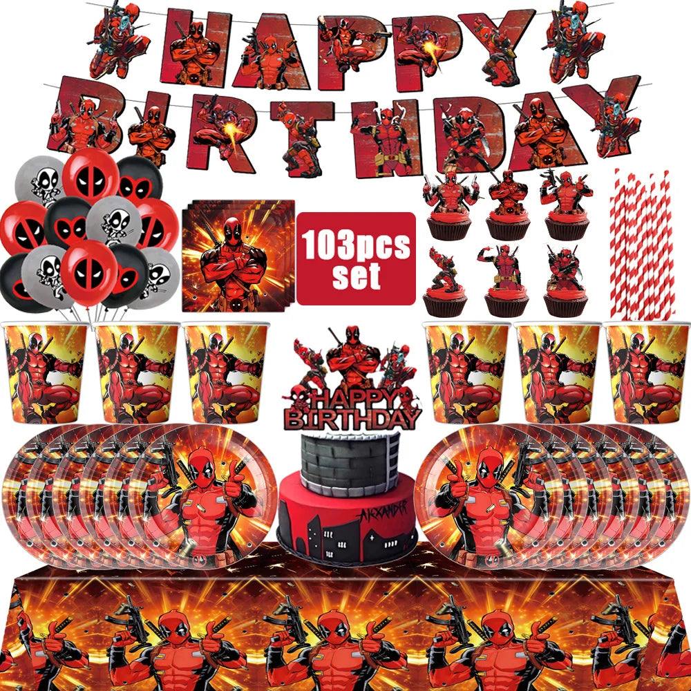 Superhero Deadpool Birthday Party Decor Disposable Tableware Plate Tablecloth Cake Topper Banner Wolverine Boy Kid Party Supplie Good Vibrations