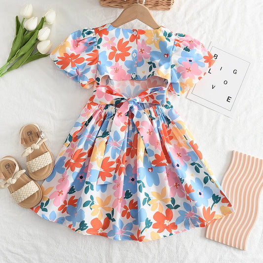 Girls Dresses 2023 Summer New Baby Girls Colourful Floral Short-sleeved Dresses 3-7 Years Old Girls Clothing Good Vibrations