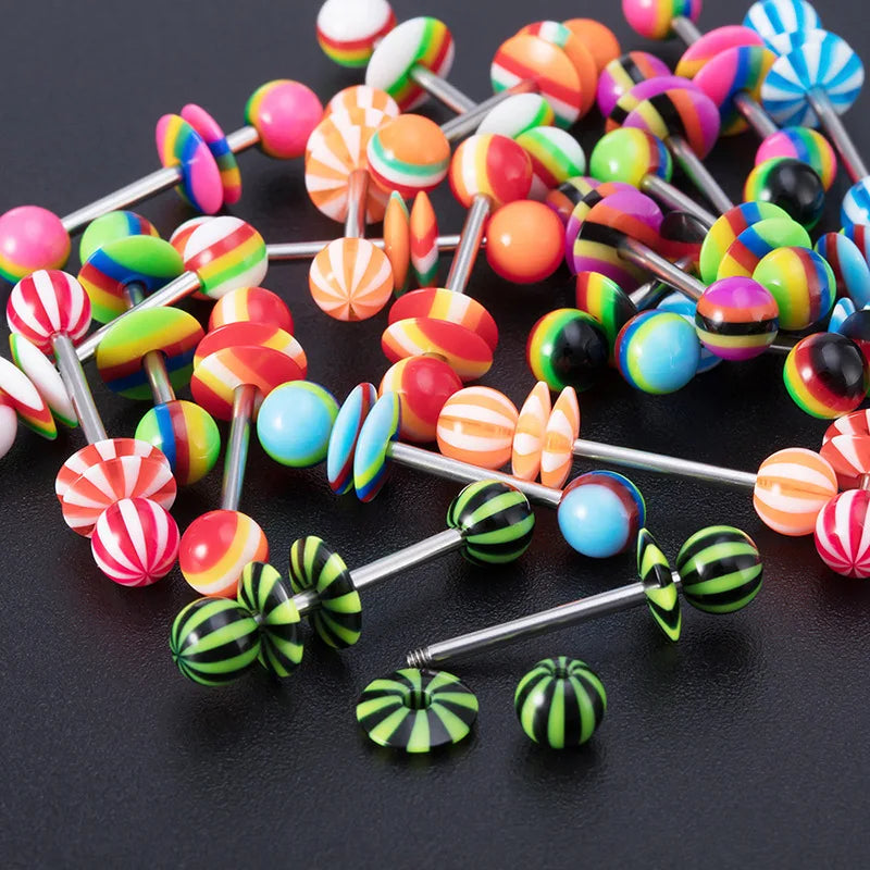 1/6/12pcs Acrylic Mixed Color Tongue Ring Adjustable Disc Barbell Tongue Ring Body Piercing Jewelry Stainless Steel Rod Good Vibrations