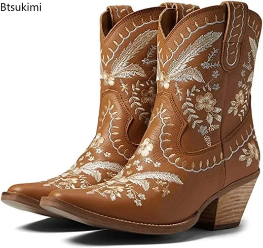 New 2025 Embroidered Western Boots For Women Ankle Bootie Cowboy Cowgirls Flower Print Fashion Chunke Heel Slip On Ankle Boots Good Vibrations