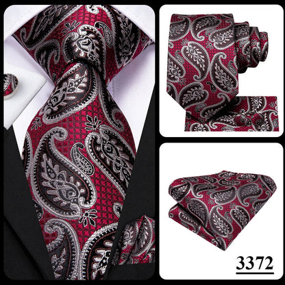 Hi-Tie Designer Red Burgundy Plaid Silk Wedding Tie For Men Handky Cufflink Gift Mens Necktie Fashion Business Party Dropshiping Good Vibrations