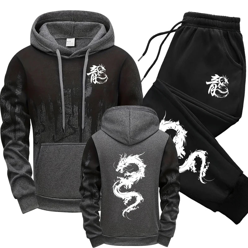 Chinese Dragon Tracksuit Hooded Sweatshirt Sweatpants City Vibe Hoodie 2 Piece Set Autumn Winter Men's Daily Casual Sport Outfit Good Vibrations