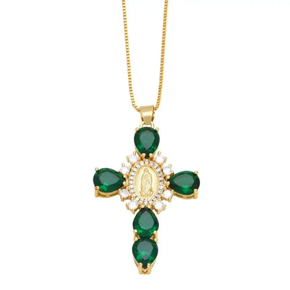 Retro European Style Zircon Cross Necklace Gilded Luxury Crystal Crucifix Necklace Religious Catholic Crucifix Pendant Chain Good Vibrations