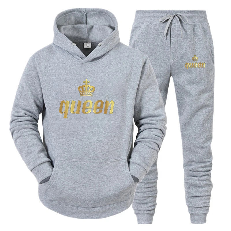 Fashion Long Sleeves KING And QUEEN Printed Hooded Suits Autumn Winter Couple Hoodie + Pants 2-Piece Suit Good Vibrations