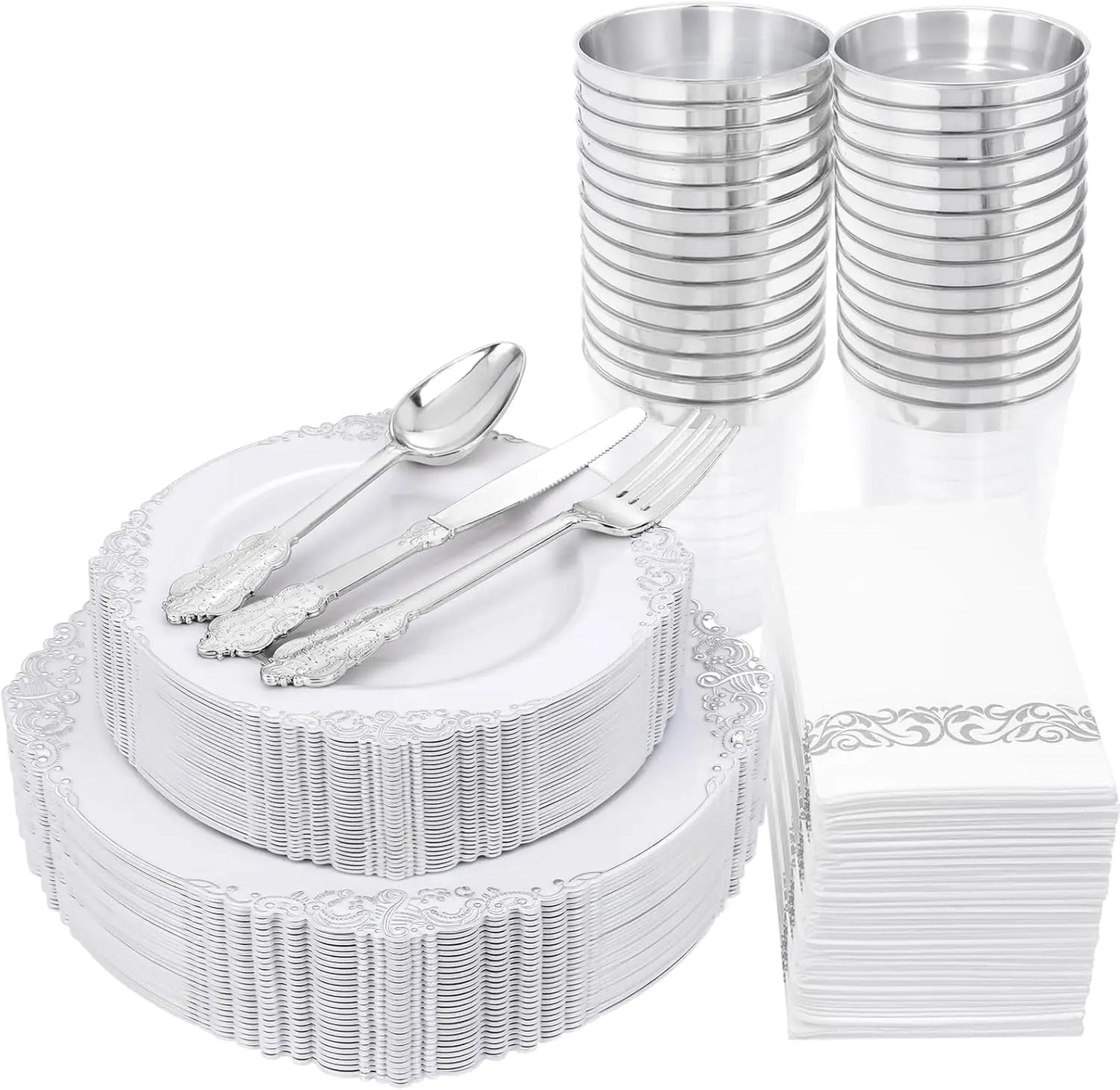 175PCS Blue Gold Plastic Plates Sets, Include 25Dinner Plates, 25Dessert Plates, 25Cups, 25Forks, 25Knives, 25Spoons, 25Napkins Good Vibrations